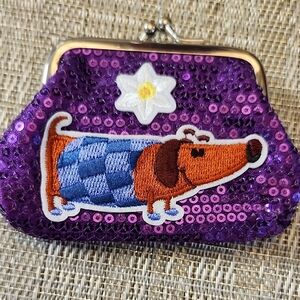 Hand Crafted Purple Sequin Kiss Lock Coin Purse with Dog Design